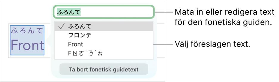 Den fonetiska guiden är öppen för ett ord, med linjer som pekar på textfältet och föreslagen text.