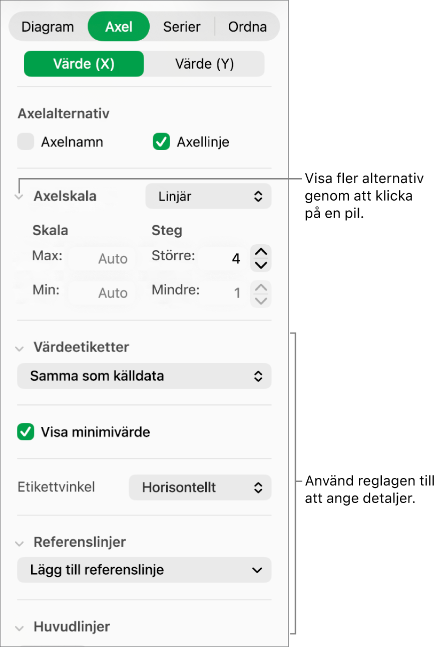 Reglage för formatering av diagramaxelmarkeringar.