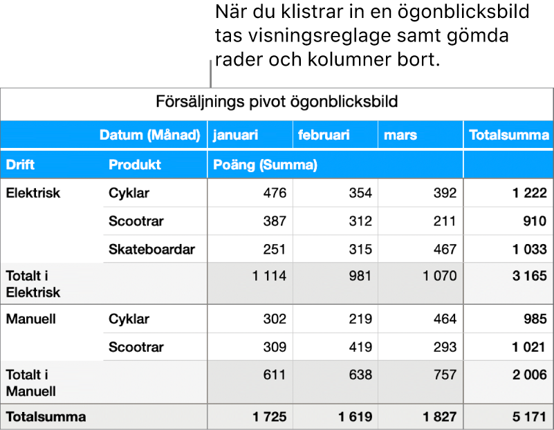 En ögonblicksbild av en pivottabell.