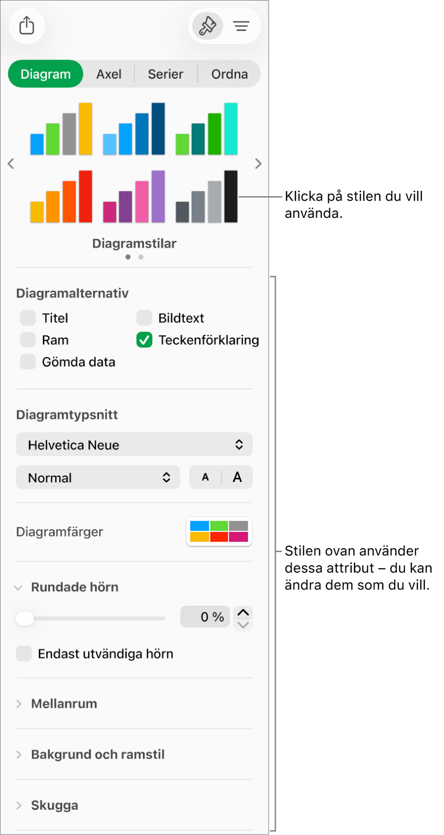 Formateringssidofältet med reglage för formatering av diagram.