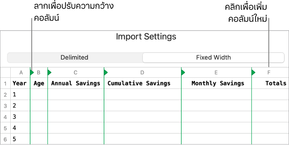 การตั้งค่าการนำเข้าสำหรับไฟล์ข้อความที่ความกว้างคงที่
