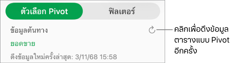 แถบตัวเลือก Pivot ที่แสดงตัวเลือกสำหรับดึงข้อมูลตารางแบบ Pivot ใหม่