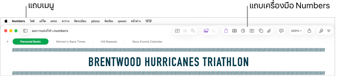 แถบเมนูที่ด้านบนสุดของหน้าจอ พร้อมเมนู Apple, Numbers, ไฟล์, แก้ไข, แทรก, ตาราง, จัดระเบียบ, รูปแบบ, จัดเรียง, มุมมอง, หน้าต่าง และวิธีใช้ ด้านล่างแถบเมนูคือสเปรดชีต Numbers ที่เปิดอยู่พร้อมปุ่มต่างๆ ของแถบเครื่องมือ