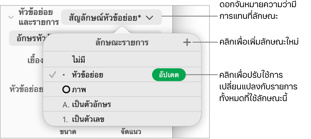 เมนูลักษณะรายการที่แสดงขึ้นที่มีเครื่องหมายดอกจันซึ่งบ่งบอกถึงการเขียนทับ คำอธิบายปุ่มลักษณะใหม่ และเมนูย่อยของตัวเลือกสำหรับจัดการลักษณะ