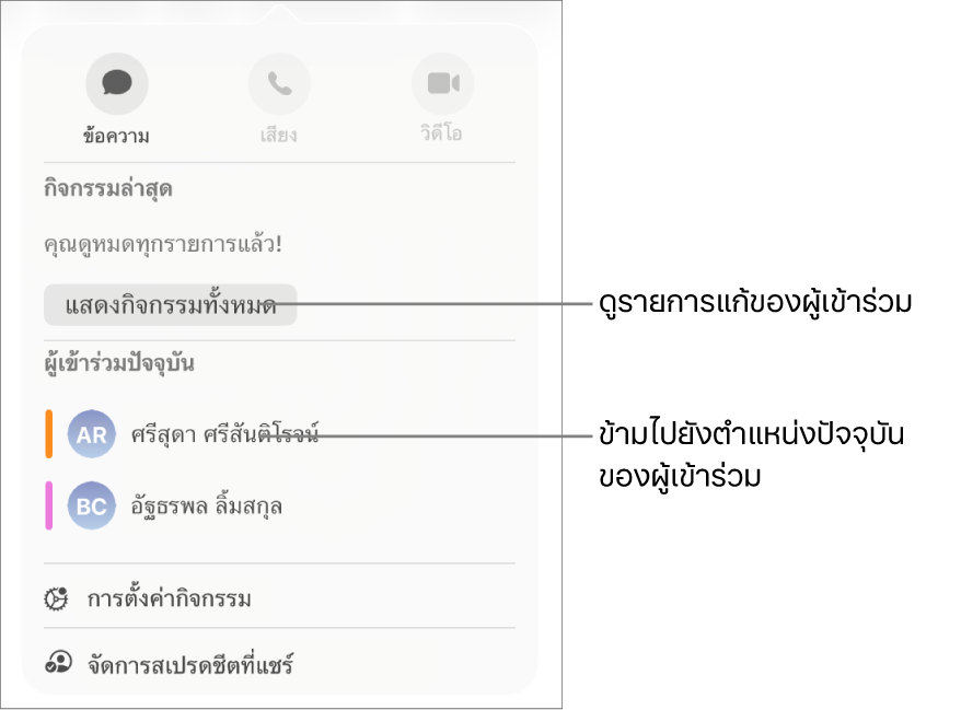 เมนูการใช้งานร่วมกันที่มีผู้เข้าร่วมปัจจุบันสองคนแสดงอยู่ในรายกา