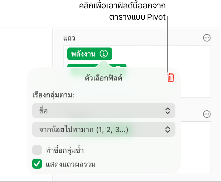 เมนูตัวเลือกฟิลด์ ที่แสดงตัวควบคุมสำหรับการจัดกลุ่มและการเรียงข้อมูล รวมถึงตัวเลือกในการเอาฟิลด์ออก
