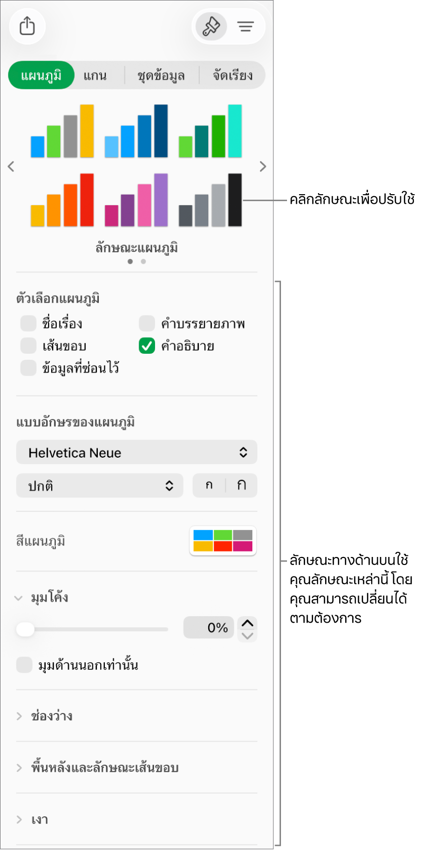 แถบด้านข้างการจัดรูปแบบที่แสดงตัวควบคุมสำหรับจัดรูปแบบแผนภูมิ