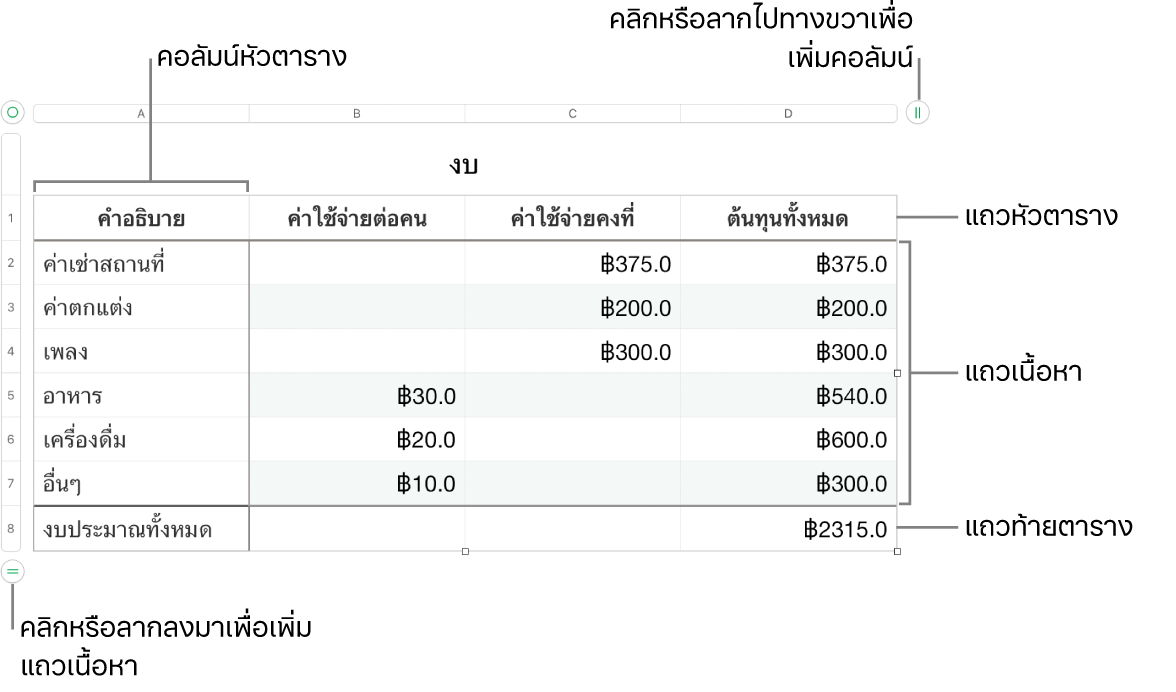 ตารางที่แสดงแถวและคอลัมน์หัวตาราง ตัวตาราง และท้ายตาราง และขอบจับเพื่อเพิ่มหรือลบแถวหรือคอลัมน์