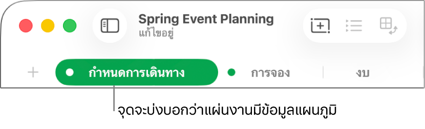 แถบแผ่นงานที่มีจุดระบุว่าตารางในแผ่นงานนี้ได้ถูกอ้างอิงถึงในแผนภูมิซึ่งมีข้อมูลที่คุณกำลังแก้ไขอยู่ในขณะนั้น