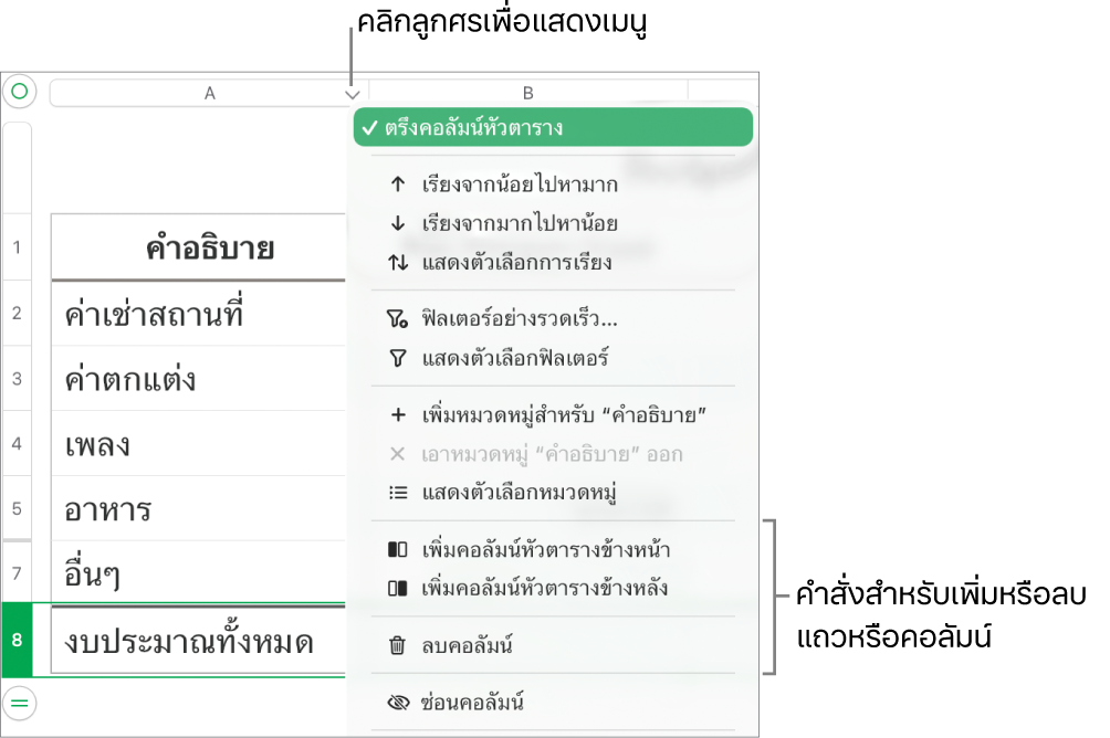 เมนูคอลัมน์ตารางที่มีคำสั่งสำหรับเพิ่มหรือลบแถวและคอลัมน์