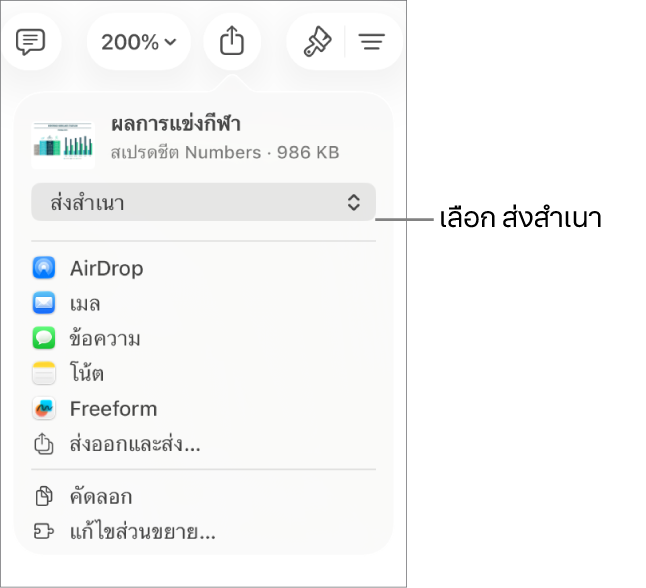 เมนูแชร์ที่มีส่งสำเนาถูกเลือกอยู่ที่ด้านบนสุด