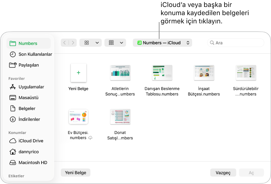 Solda kenar çubuğu açık şekilde Aç sorgu kutusu ve en üstteki açılır menüde iCloud Drive seçili. Keynote, Numbers ve Pages için klasörler, Yeni Belge düğmesiyle birlikte sorgu kutusunda belirir.