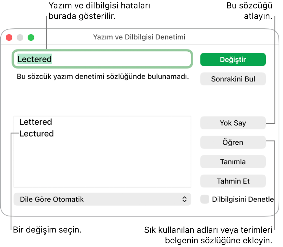 Yazım ve Dilbilgisi Denetimi penceresi.