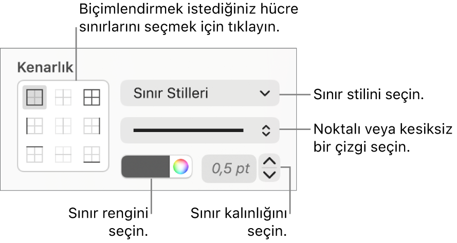 Hücre sınırlarına stil eklemeye ilişkin denetimler.