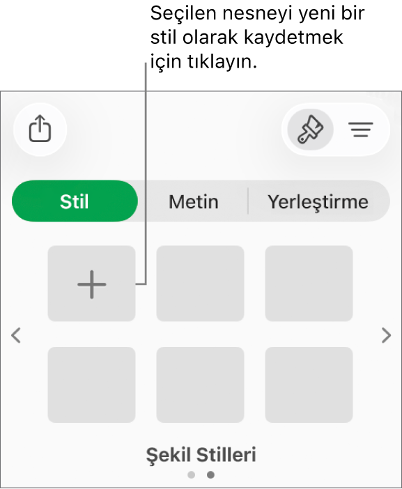 Dört görüntü stili, Stil Yarat düğmesi ve boş bir stil yer tutucusuyla Biçim kenar çubuğunun Stil sekmesi.