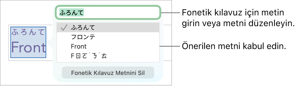 Bir sözcük için fonetik kılavuz, metin alanına ve önerilen metne ilişkin gösterimlere açılır.