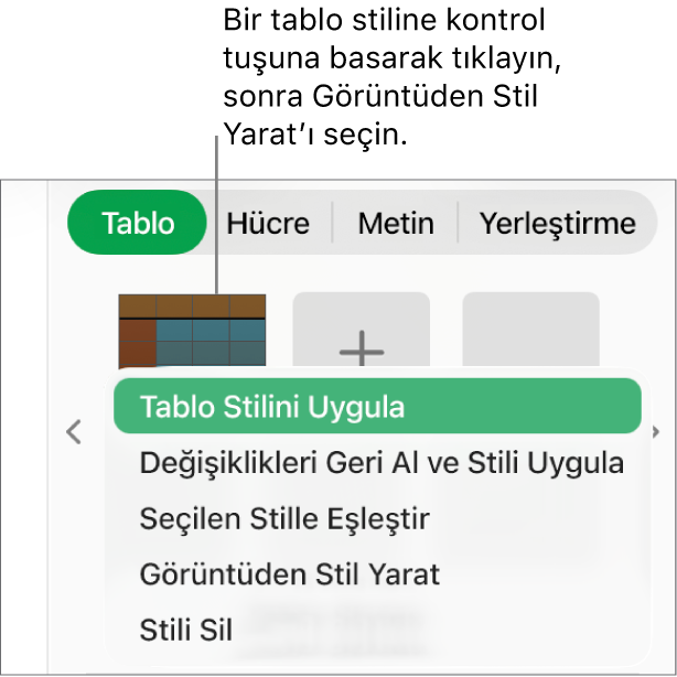 Tablo stili kestirme menüsü.