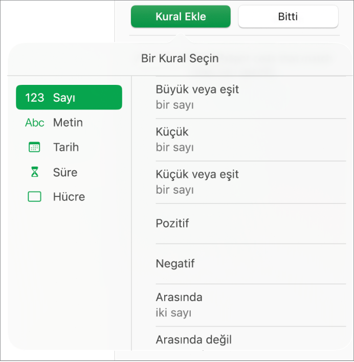 Hücre vurgulama kuralı türleri.