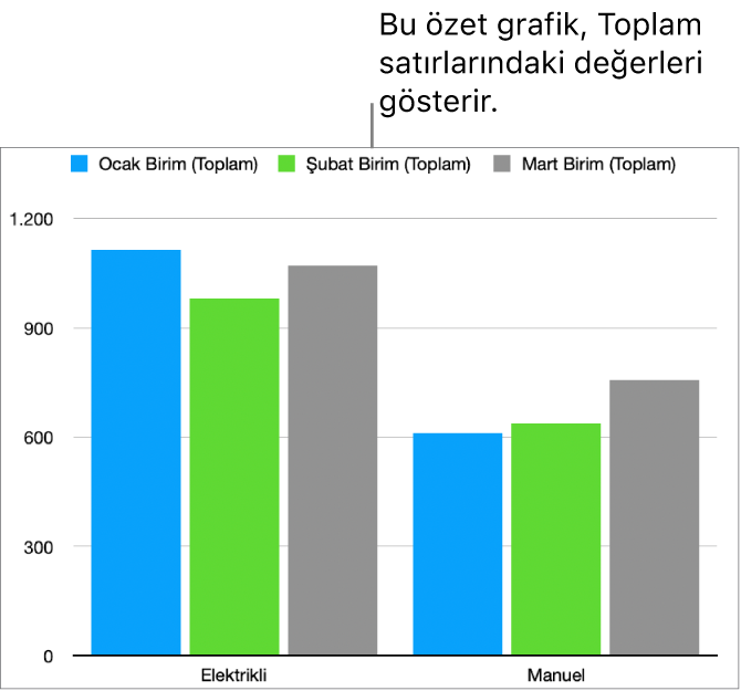 Yukarıdaki özet tablodaki Toplam satırlarından çizilen verileri gösteren bir özet grafik.