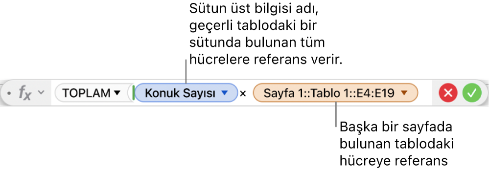 Bir tabloda sütuna ve başka bir tabloda hücreye başvuran bir formül gösteren Formül Düzenleyici.