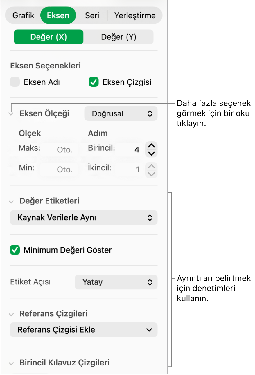 Grafik ekseni işaretlerini biçimleme denetimleri.