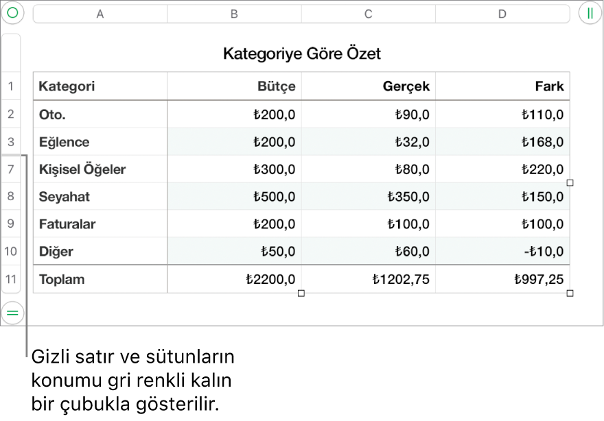 Gizli satırların ve sütunların yerini gösteren kalın gri bir çubuk