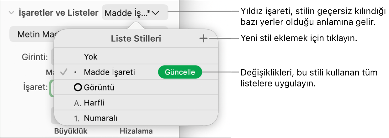 Bir geçersiz kılmayı gösteren yıldız işaretinin, Yeni Stil düğmesine ve stilleri yönetme seçeneklerini içeren bir alt menüye belirtme çizgilerinin göründüğü Liste Stilleri açılır menüsü.
