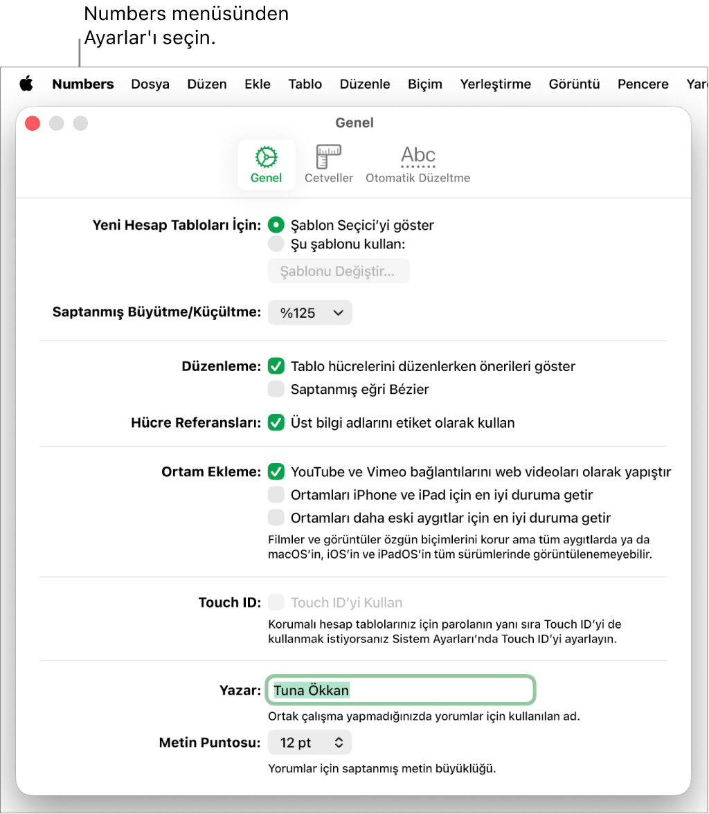 Numbers ayarları penceresi; yeni hesap tablosu, saptanmış büyütme/küçültme, düzenleme, hücre referansları, denklemler, ortam ekleme, Touch ID, yazar adı ve saptanmış metin puntosu ayarlarını içeren Genel bölümüyle açılır.