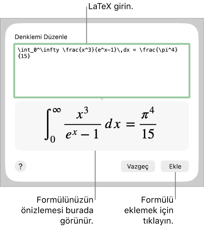 Denklem alanına LaTeX kullanılarak yazılmış ikinci dereceden formül ve altta formülün önizlemesi.