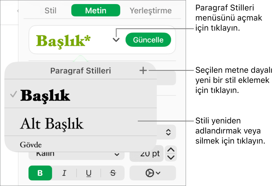 Stil ekleme veya değiştirme denetimlerini gösteren Paragraf Stilleri menüsü.