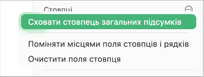 Меню «Додаткові опції полів» з елементами керування для приховання загальних підсумків, заміни місцями полів стовпців і рядків та очищення полів.