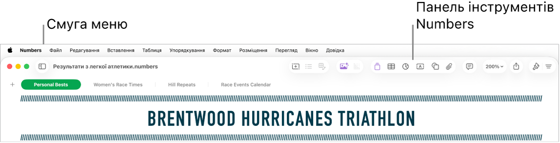 Смуга меню вгорі екрана з меню Apple, Numbers, «Файл», «Редагування», «Вставити», «Таблиця», «Упорядкування», «Формат», «Розміщення», «Перегляд», «Вікно» й «Довідка». Під смугою меню відкрито е‑таблицю Numbers та відображаються кнопки панелі інструментів.