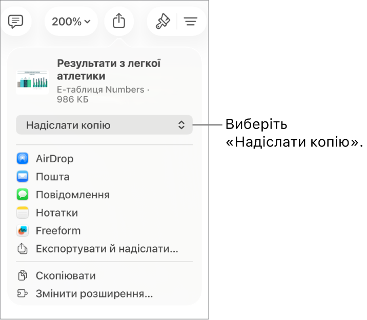 Меню «Поширення», у якому вгорі вибрано елемент «Поширити копію».