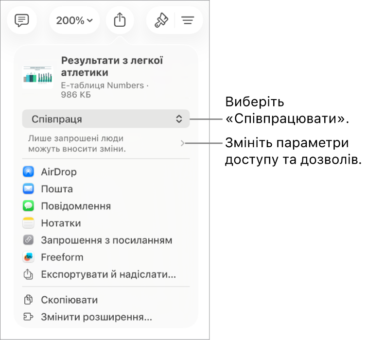 Меню «Поширити» з вибраним угорі елементом «Співпраця», а також параметрами доступу й дозволів унизу.