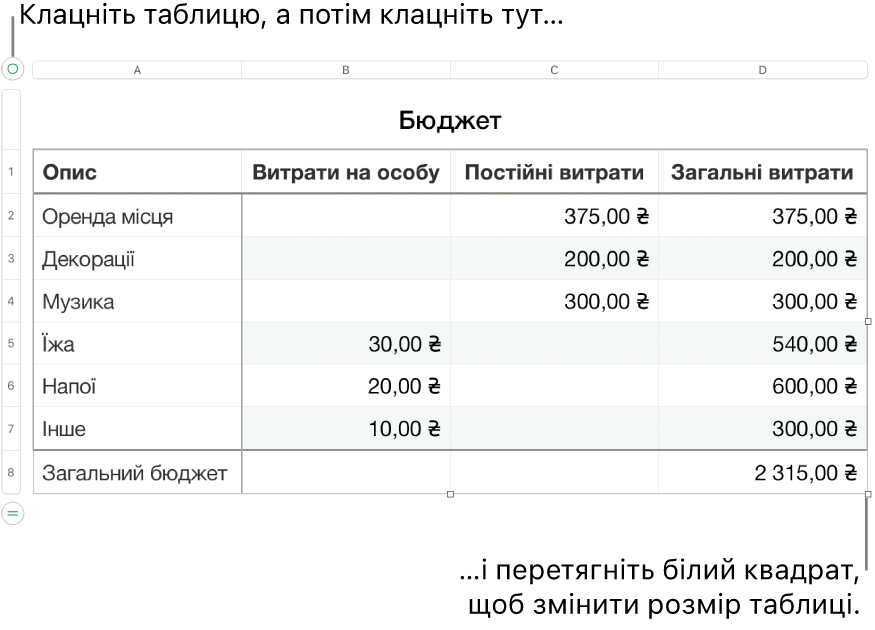 Вибрана таблиця з білими квадратами, які призначені для редагування розміру.