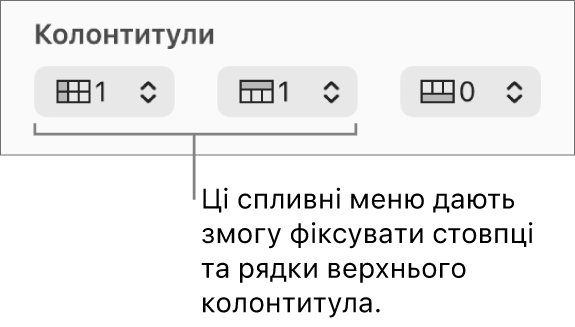 Спливні меню для додавання рядків та стовпців заголовка та нижнього колонтитулів і для фіксації рядків та стовпців верхнього колонтитула.
