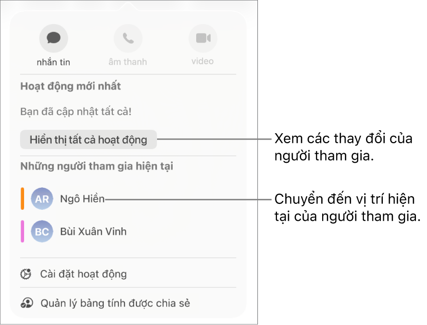 Menu cộng tác có hai người tham gia hiện tại được liệt kê.