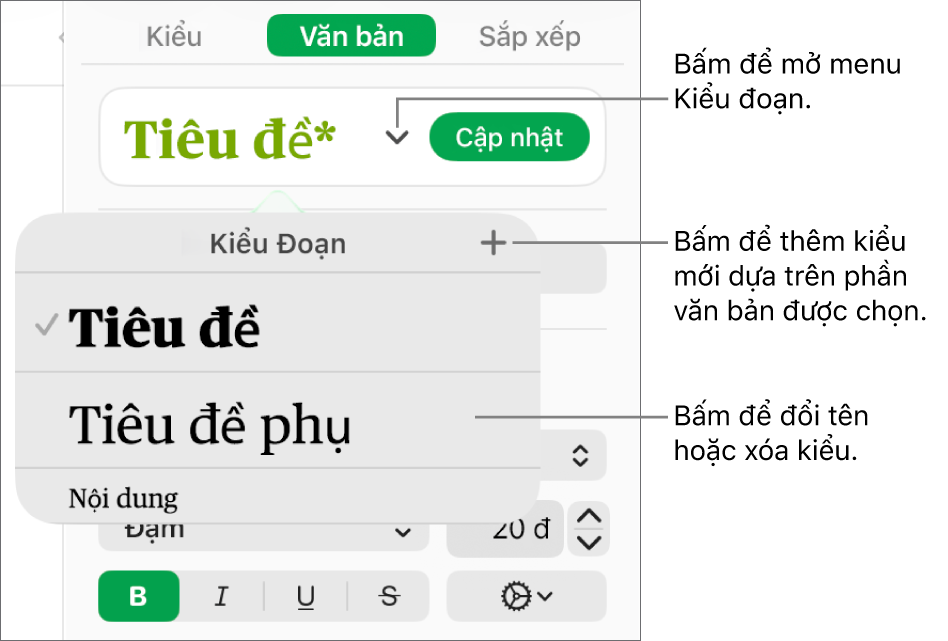 Menu Kiểu đoạn, hiển thị các điều khiển để thêm hoặc thay đổi kiểu.