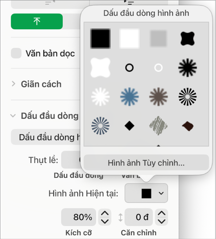Menu bật lên Đầu dòng hình ảnh.