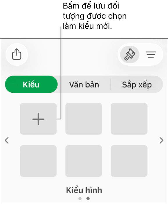 Tab Kiểu của thanh bên Định dạng với bốn kiểu hình ảnh, một nút Tạo kiểu và một trình giữ chỗ kiểu trống.