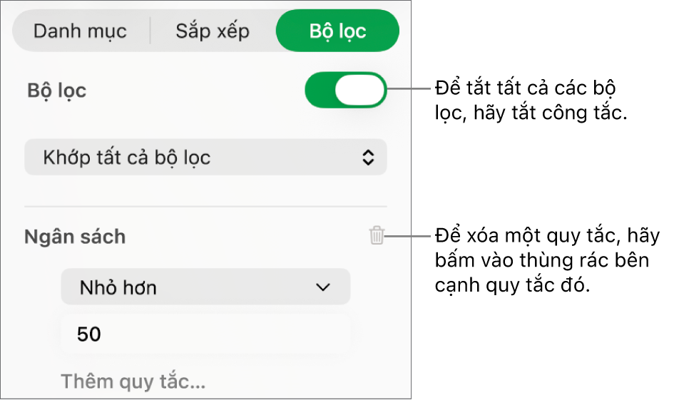 Các điều khiển để xóa bộ lọc hoặc tắt tất cả bộ lọc.