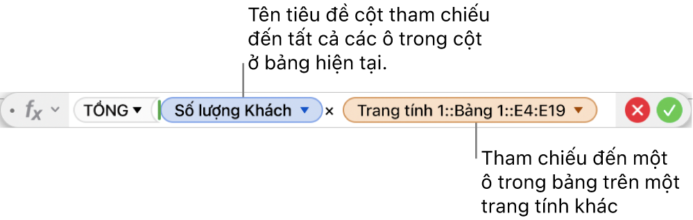 Trình sửa công thức đang hiển thị công thức tham chiếu đến một cột trong một bảng và một ô trong một bảng khác.