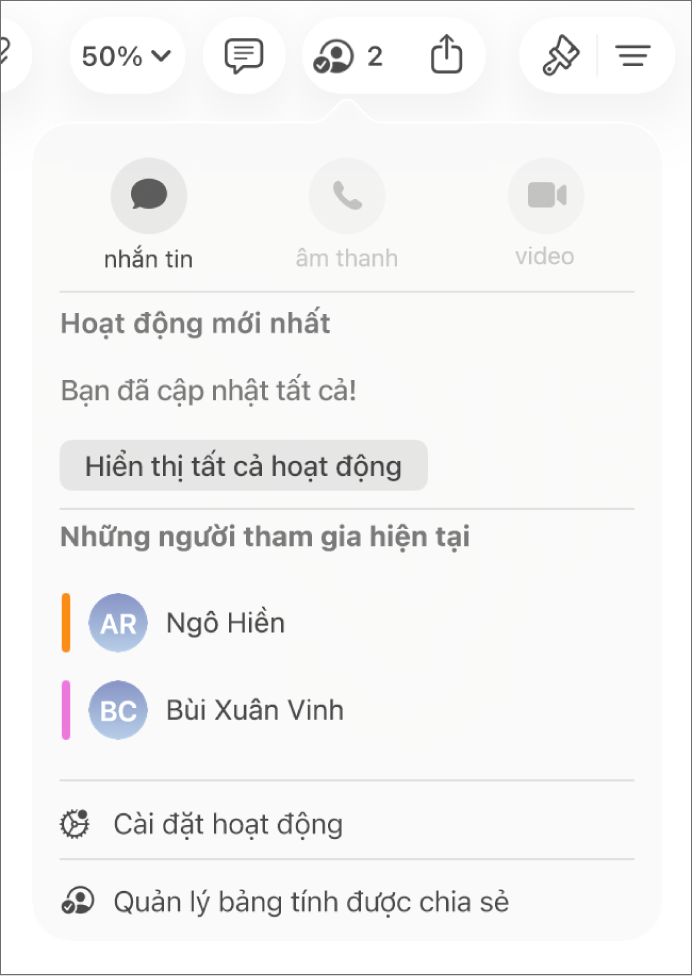 Menu cộng tác đang hiển thị tên của những người đang cộng tác trên bảng tính.