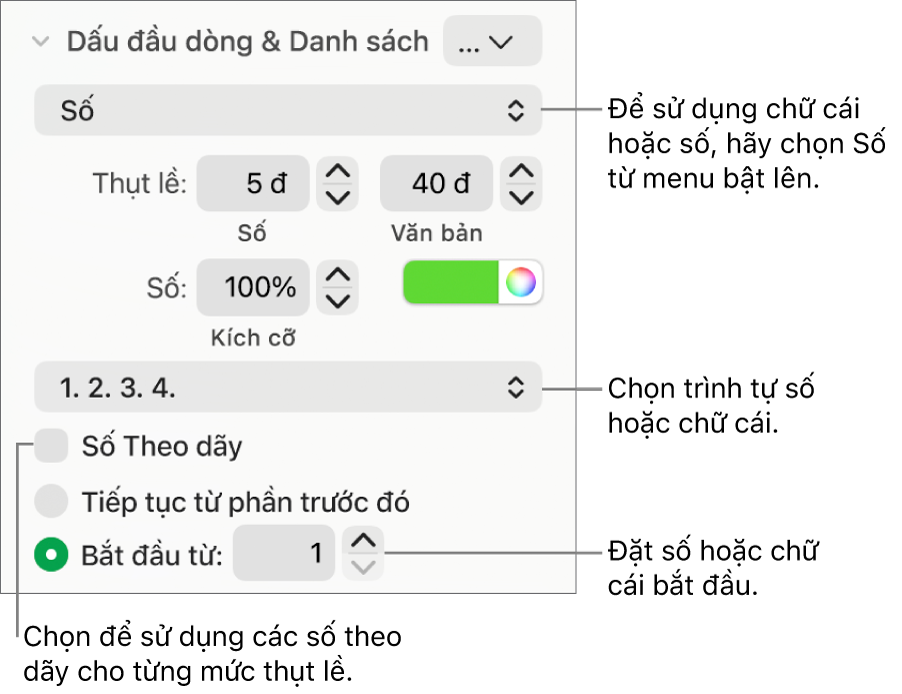 Các điều khiển để thay đổi kiểu số và khoảng cách của danh sách.