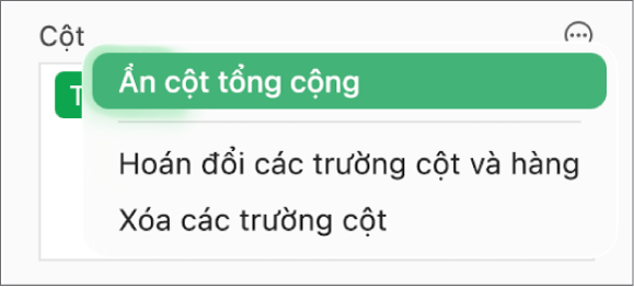 Menu Tùy chọn trường khác, đang hiển thị các điều khiển để ẩn tổng lớn, hoán đổi các trường hàng và cột và xóa các trường.