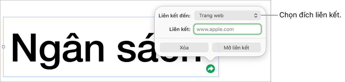 Các điều khiển của trình sửa liên kết với Trang web được chọn và các nút Xóa và Mở liên kết nằm ở cuối.