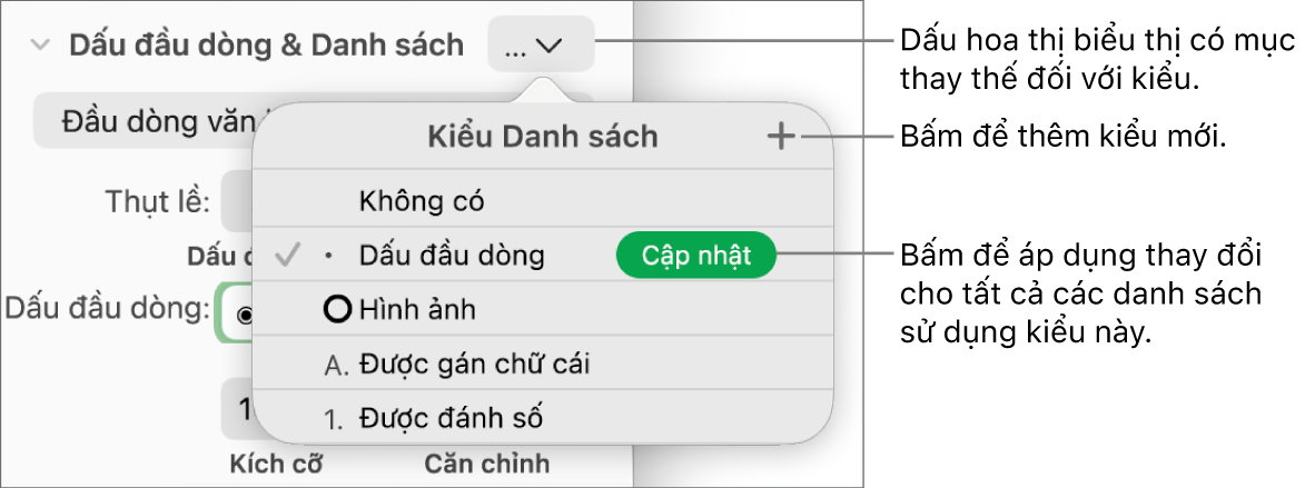 Menu bật lên Kiểu danh sách với dấu hoa thị biểu thị giá trị thay thế, chú thích đến nút Kiểu mới và menu con chứa các tùy chọn quản lý kiểu.