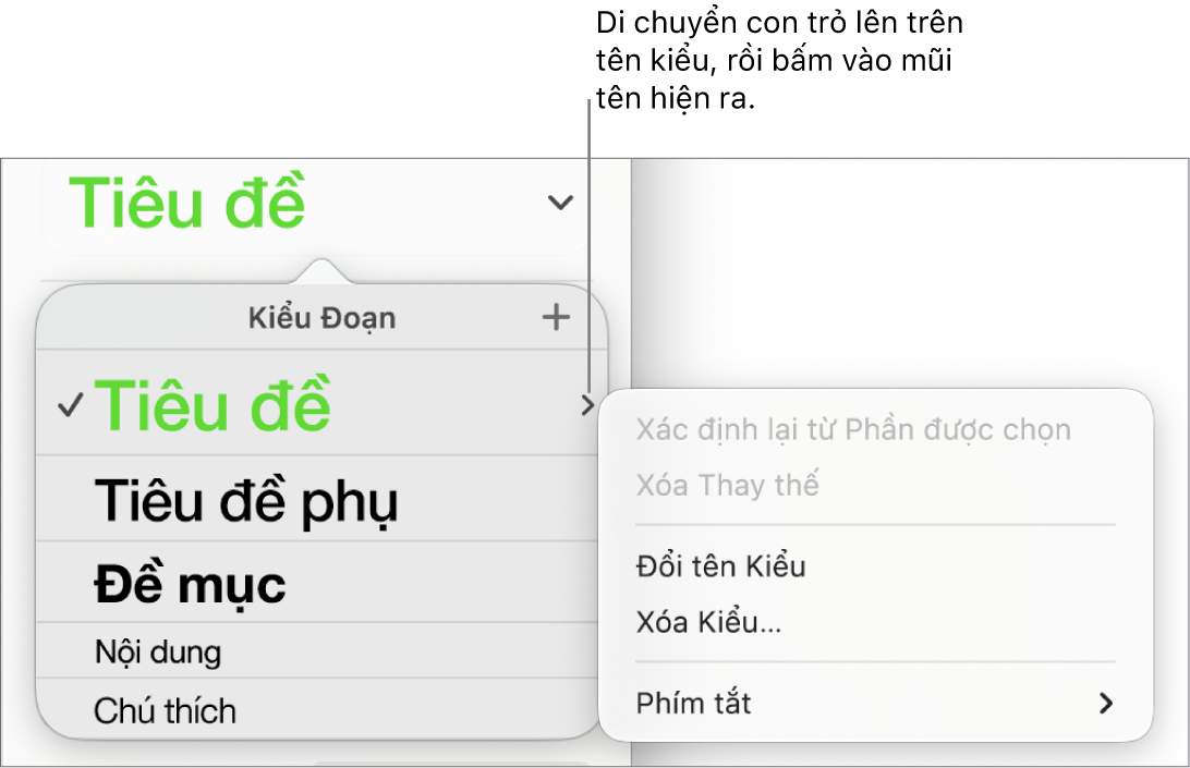 Menu Kiểu đoạn với menu phím tắt mở.