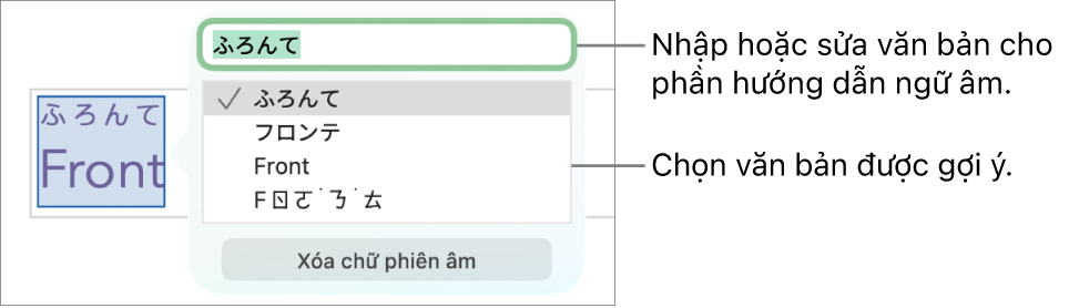 Phiên âm sẽ mở cho một từ, với các lời nhắc đến trường văn bản và văn bản được gợi ý.