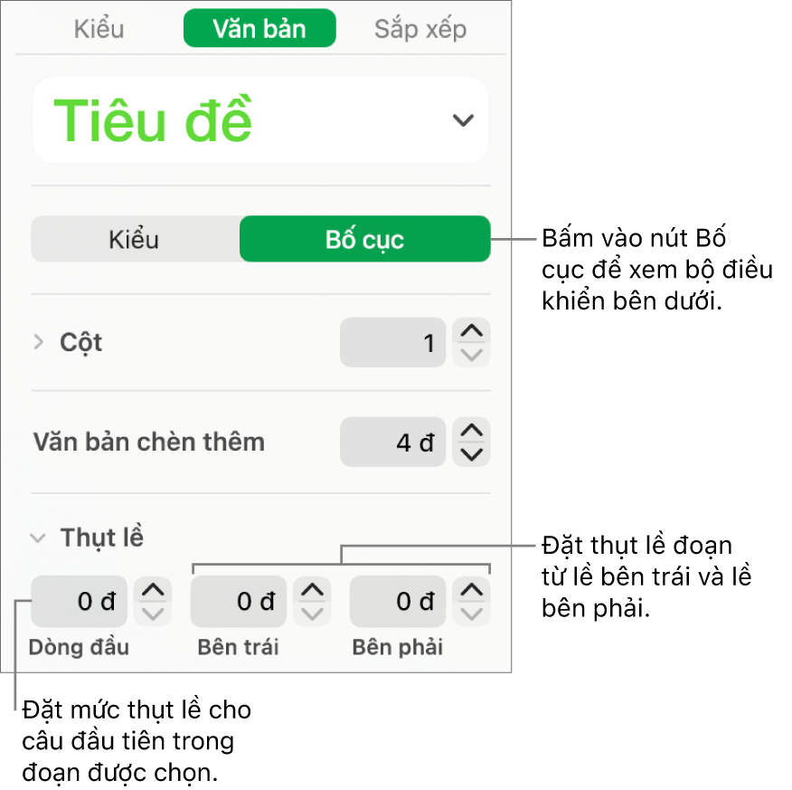 Phần Bố cục của thanh bên Định dạng hiển thị các điều khiển để đặt thụt lề dòng đầu tiên và lề đoạn.